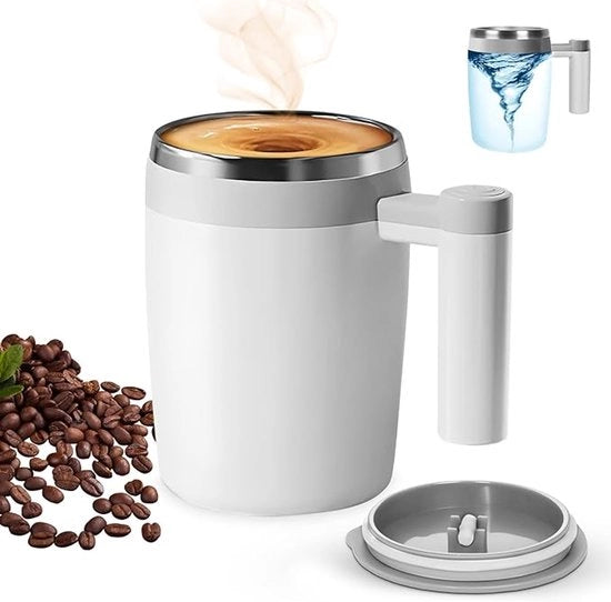 Moka per caffè con funzione di mescolamento automatica, chiusura magnetica e coperchio ermetico, moka riutilizzabile, adatto per viaggio, ufficio e casa - senza cucchiaio necessario, regalo ideale (bianco).