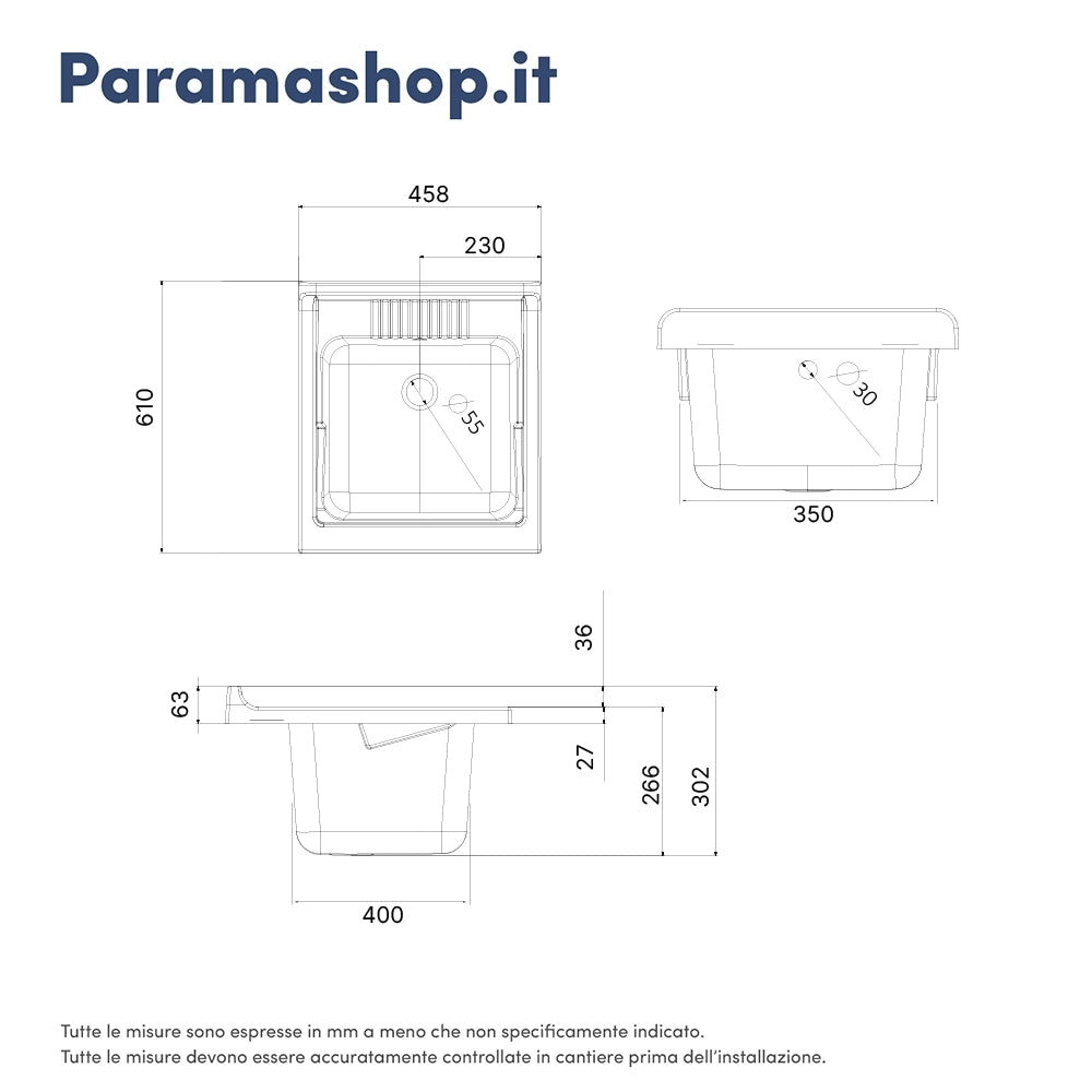 Mobile lavatoio per interni 45x60 cm bianco-vasca e asse in PP, sifone e troppopieno | Pratika
