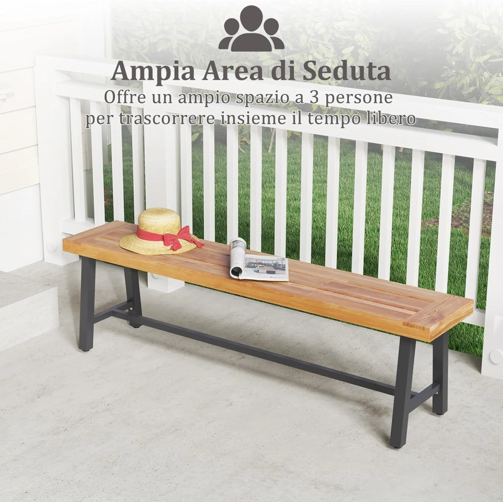 Set di 2 Panchine da Giardino in Legno di Acacia a 3 Posti, Panca da Esterno Senza Schienale con Gambe in Metallo, Panca Capacità di 360 kg per Ingresso, Cortile e Balcone, 160 x 32 x 45 cm