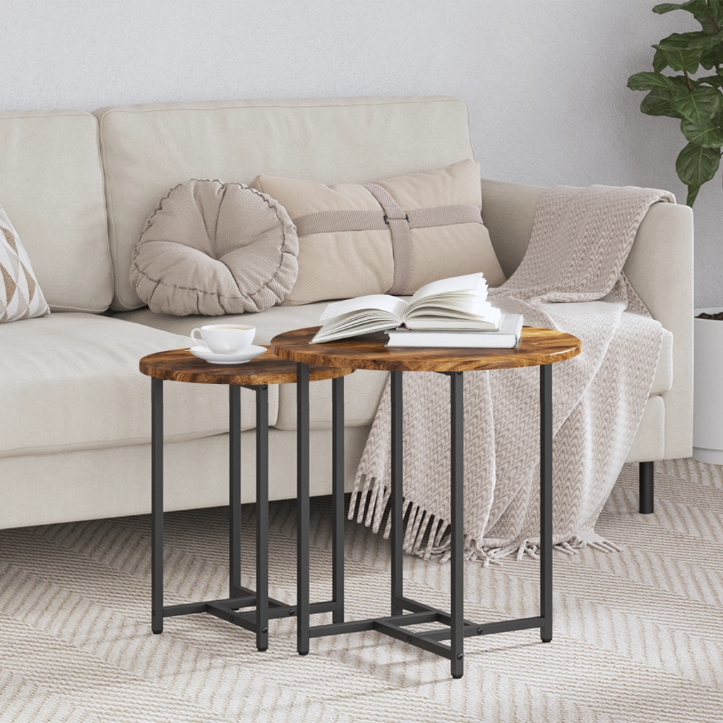 Set di 2 Tavolini in Legno Ingegnerizzato e Metallo con Finitura Rovere Affumicato