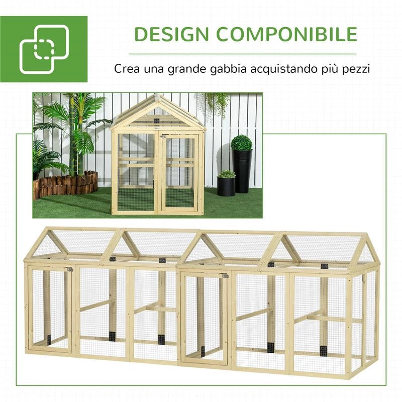 RECINTO PER GALLINE ALL'APERTO IN LEGNO CON PORTE MULTIPLE E RETE IN METALLO, 140X88.5X106 CM, COLOR LEGNO
