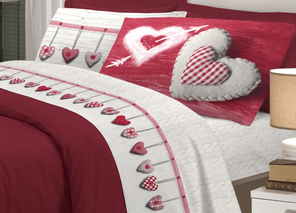 Completo Lenzuola Linea Pensieri Delicati 100% Cotone Disegno Cuore Appeso - Matrimoniale - Rosso