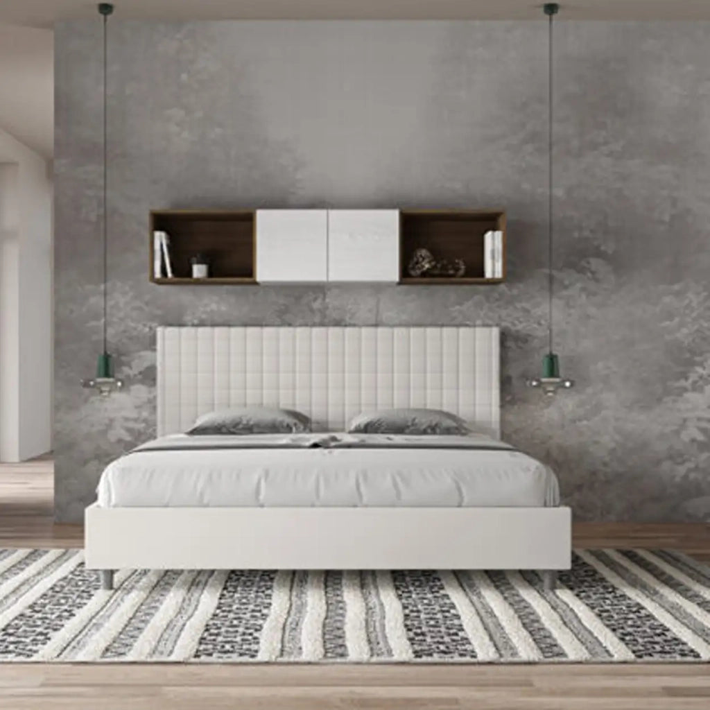 Letto matrimoniale king size con rete imbottito 200x200 similpelle bianco Sunny