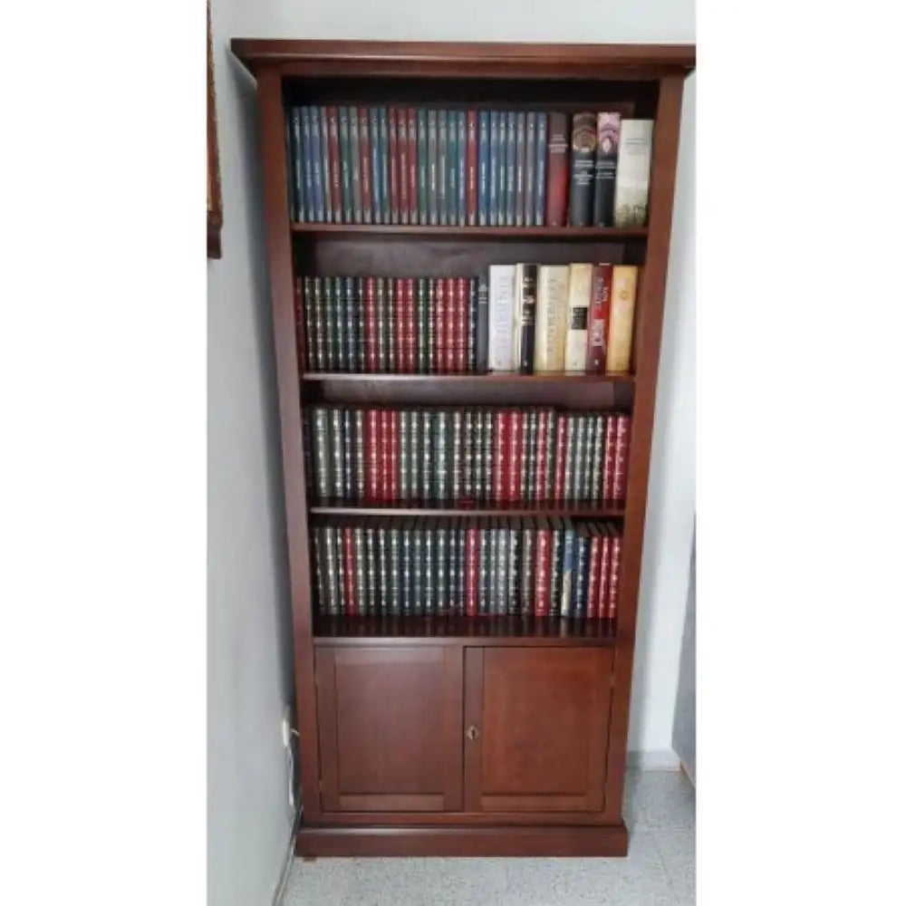 Libreria con 3 ripiani 2 ante in stile arte povera in legno e mdf con rifinitura in noce lucido 90x41x186 H