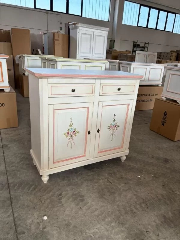 Credenza 2 porte legno shabby bianco anticato filo rosa decori 105x45x98 - Mobili 2G