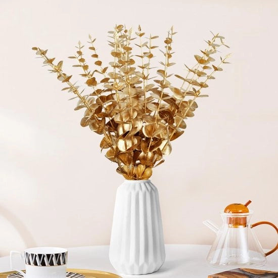 Decorazione da 24 pezzi con rami dorati, fiori d'arte dorati, piante di eucalipto in acciaio di arte, alberi di eucalipto artificiali, dollaro d'argento, pianta artificiale per matrimoni e giardini