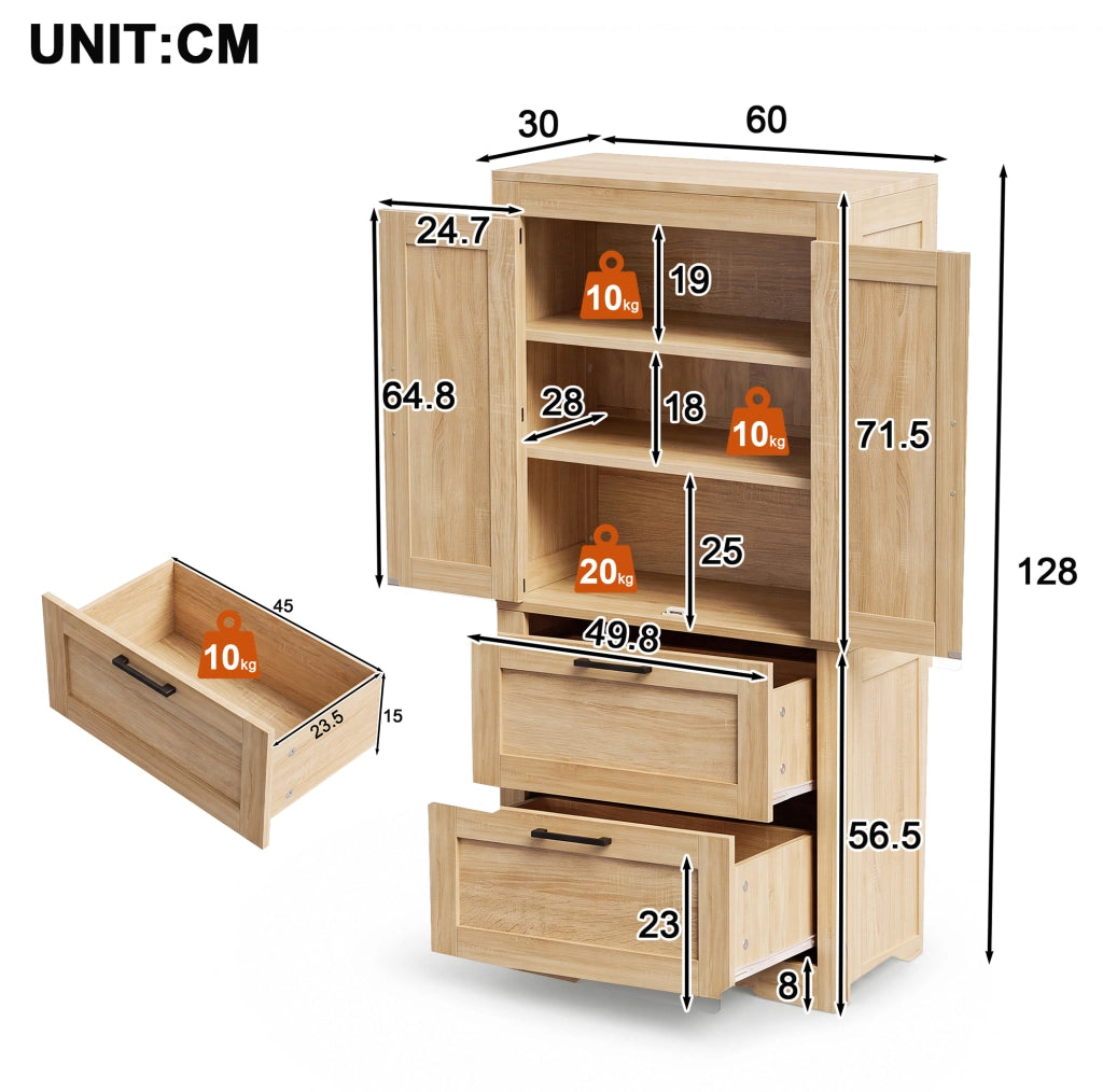 Mobile alto 60x30x128 cm con 2 cassetti e ripiani regolabili in MDF colore naturale