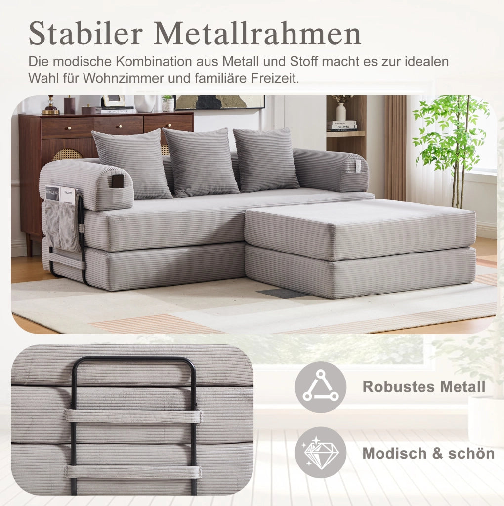 Sof脿 modulare in corduroy con pouf 200x190x67 cm; grigio chiaro