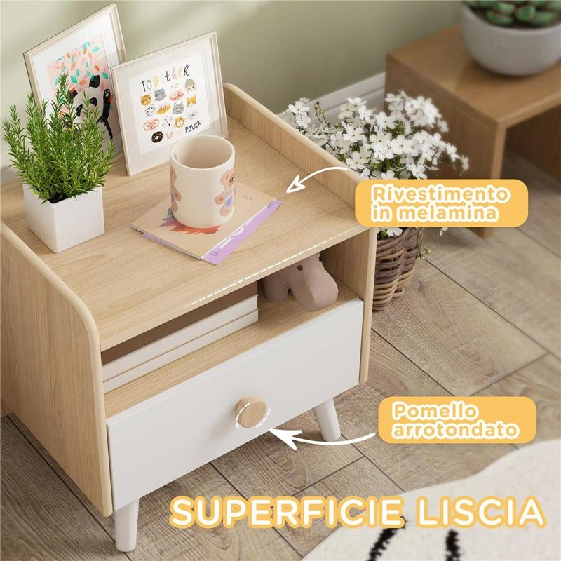 COMODINO CON CASSETTO PER BAMBINI 3-10 ANNI IN LEGNO E LEGNO DI PINO, 40X32.5X40 CM, BIANCO