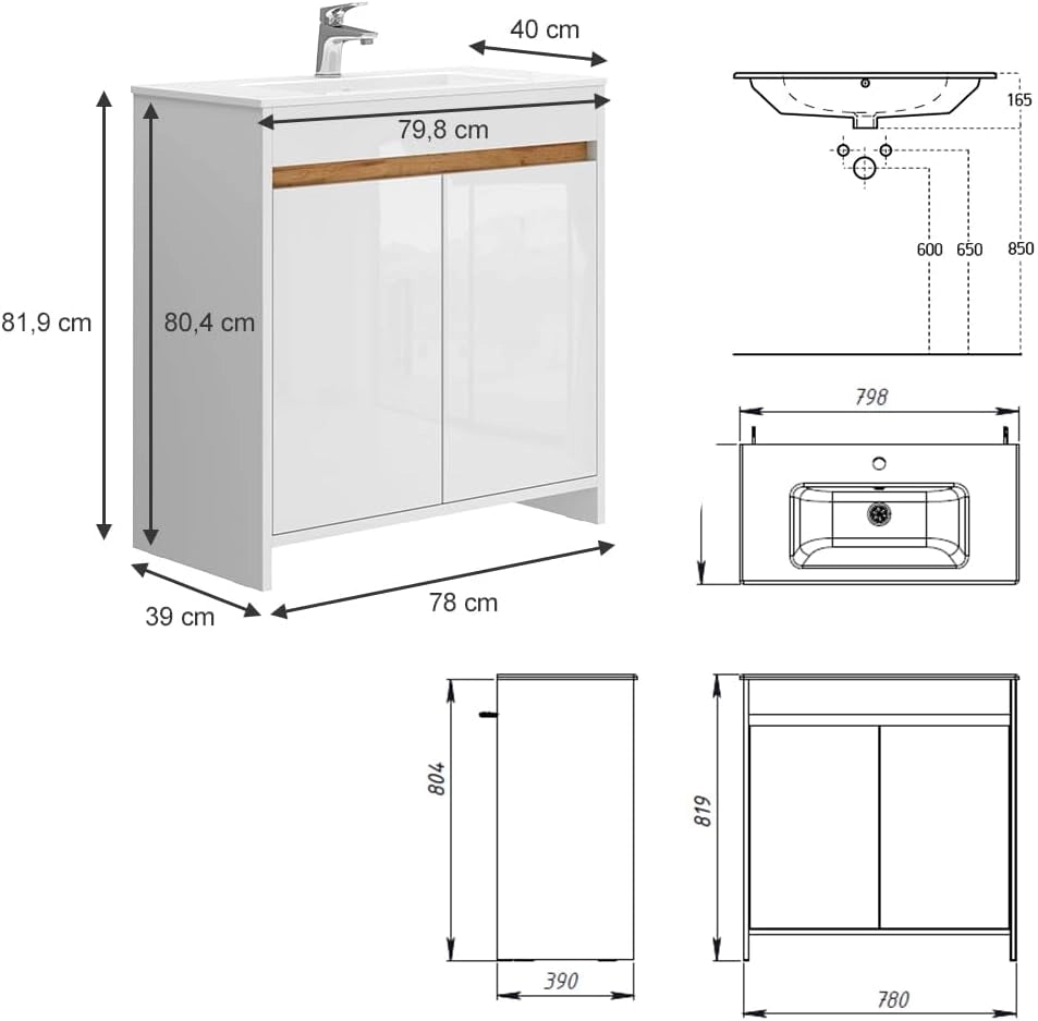 Set di mobili da bagno Lemgo, Bianco lucido, 79.8 cm, composto da mobile sottolavabo e lavabo