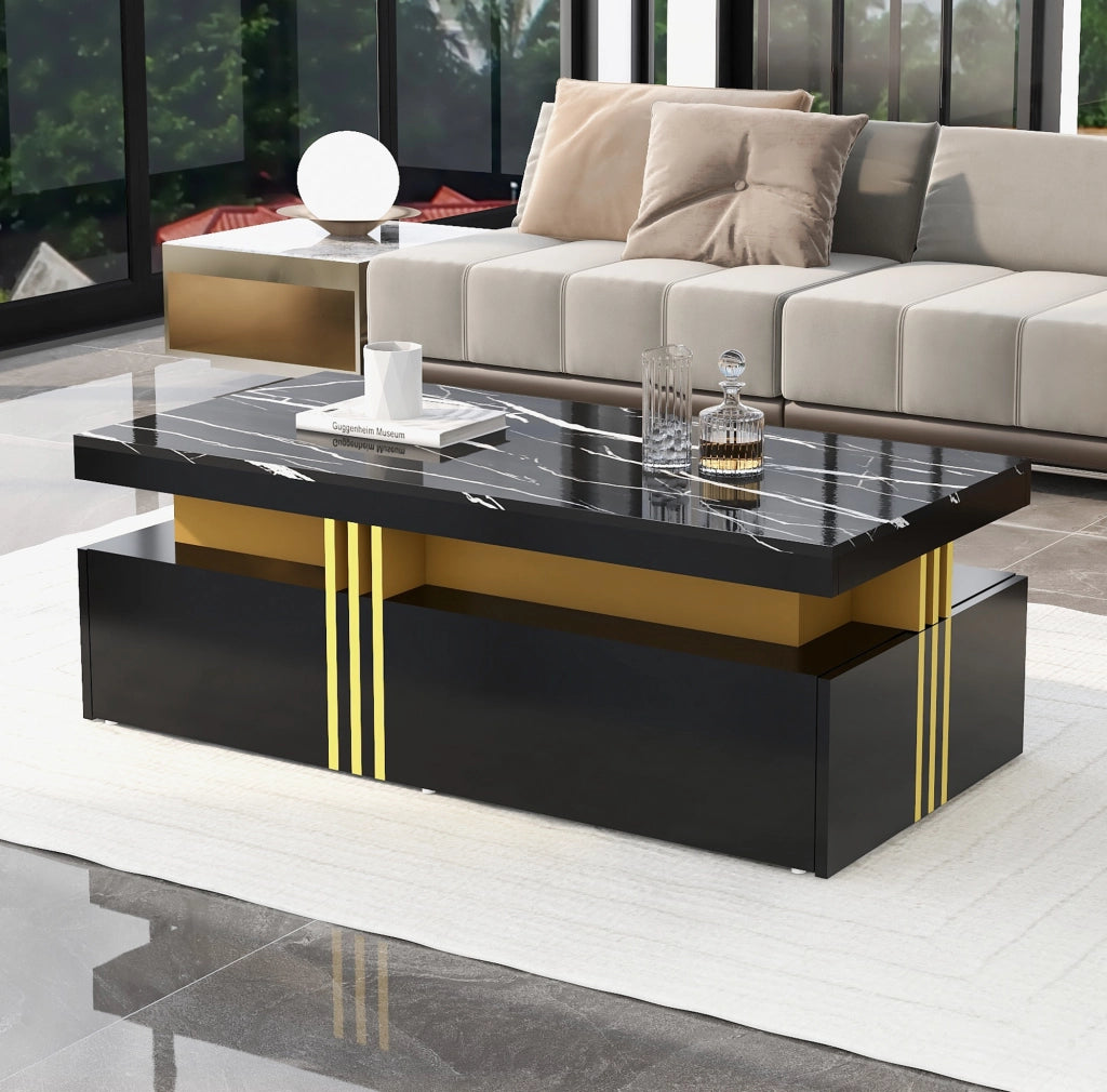 Tavolino da salotto moderno rettangolare 100x50x40 cm in truciolare nero; piano effetto marmo e 2 cassetti