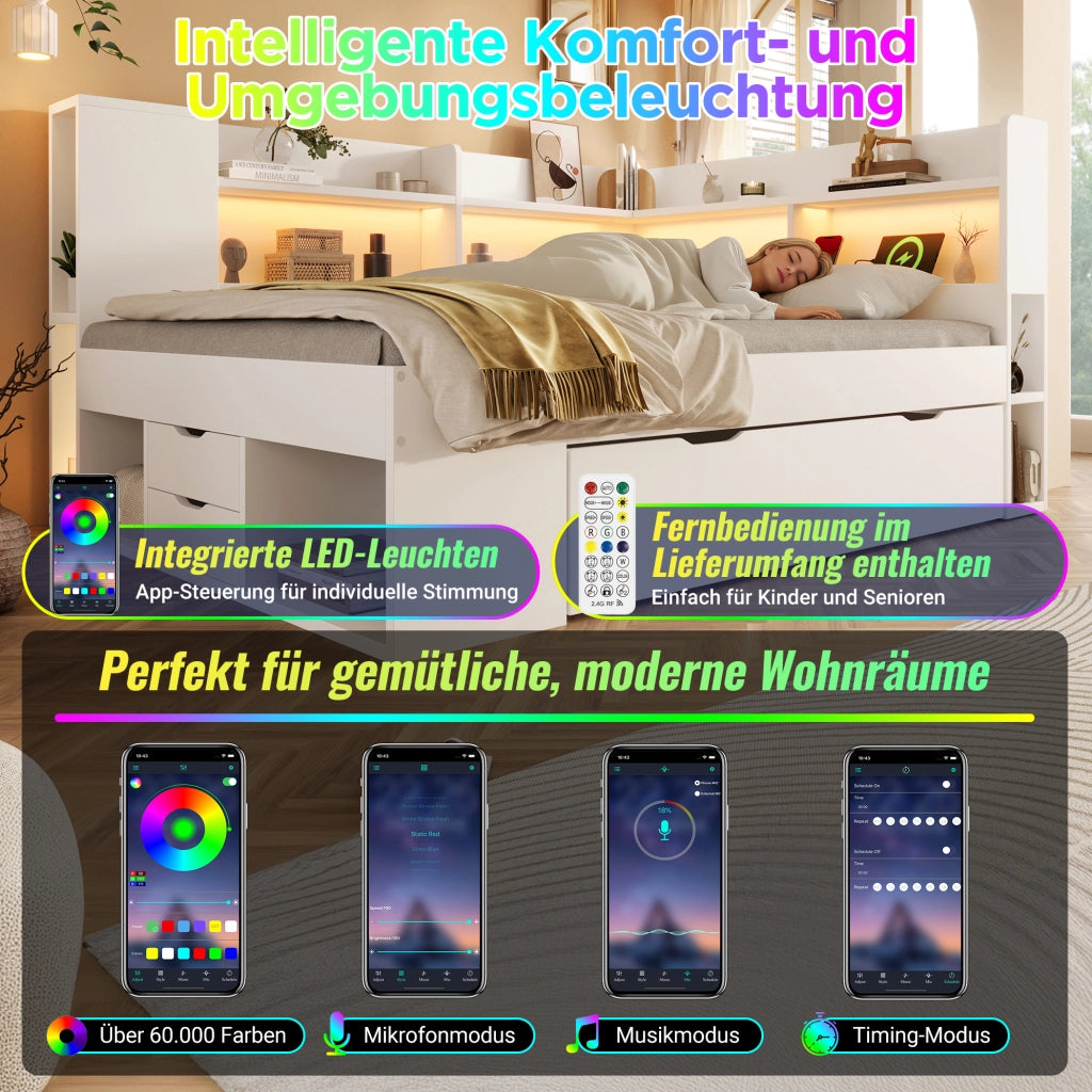 Letto da giorno 140x200 cm bianco con LED, USB e cassetti