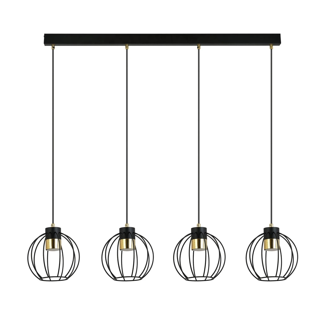 Sospensione Minimal Orfeo 4 Luci In Acciaio Nero A Paralumi Gabbia Con Oro