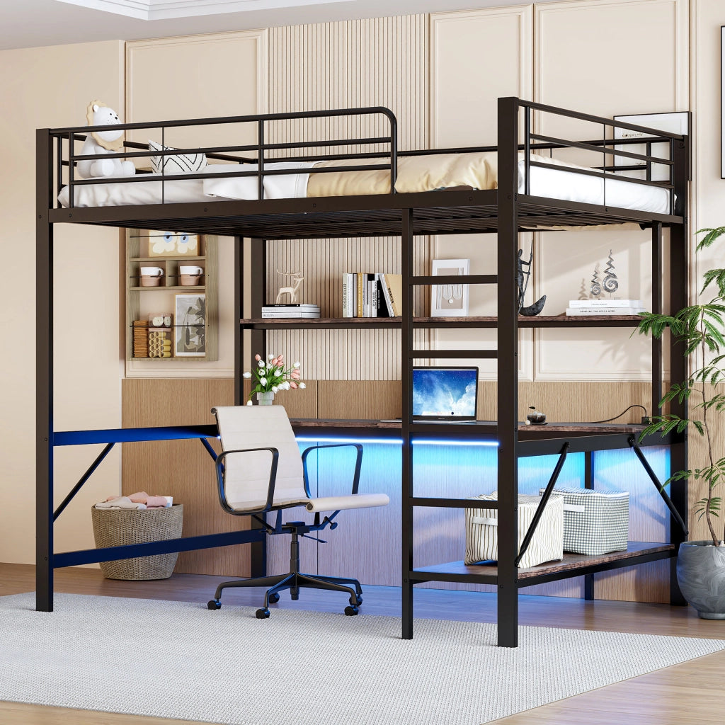 Letto a soppalco multifunzione; 140x200cm; presa USB; mensole da scrivania LED; nero