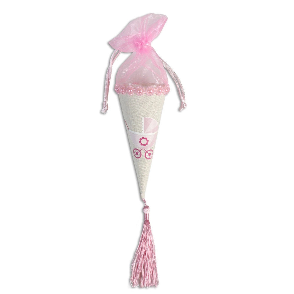 Trade Shop - Set 12 Coni Porta Confetti Bomboniera Per Nascita Battesimo Bimba Femmina Rosa -