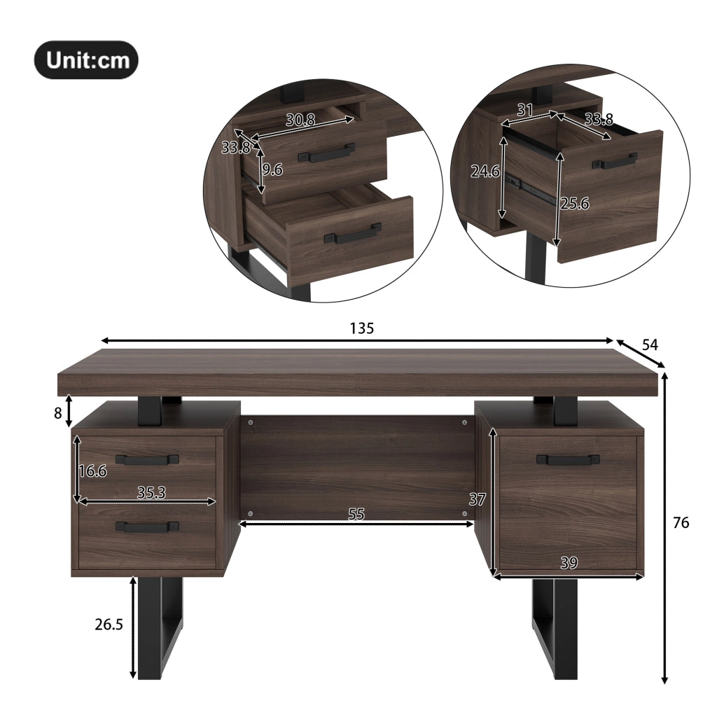 Scrivania da ufficio 135 x 54 cm in MDF e metallo, con 2 cassetti silenziosi e vano porta-documenti, colore marrone scuro/nero
