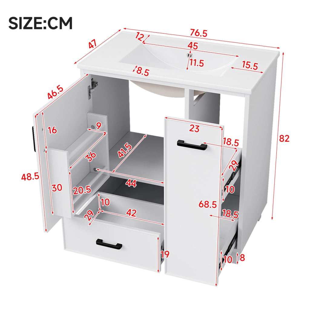 Mobile sottolavabo con 1 anta e 2 cassetti; lavabo in ceramica - per bagno - bianco