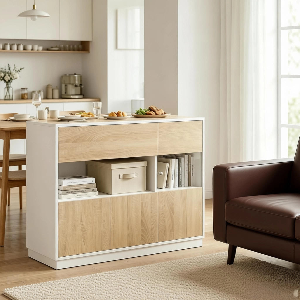 Credenza e madia con vano aperto e anta acrilica, in legno ingegnerizzato, bianco e rovere chiaro, 100 × 40 × 80 cm