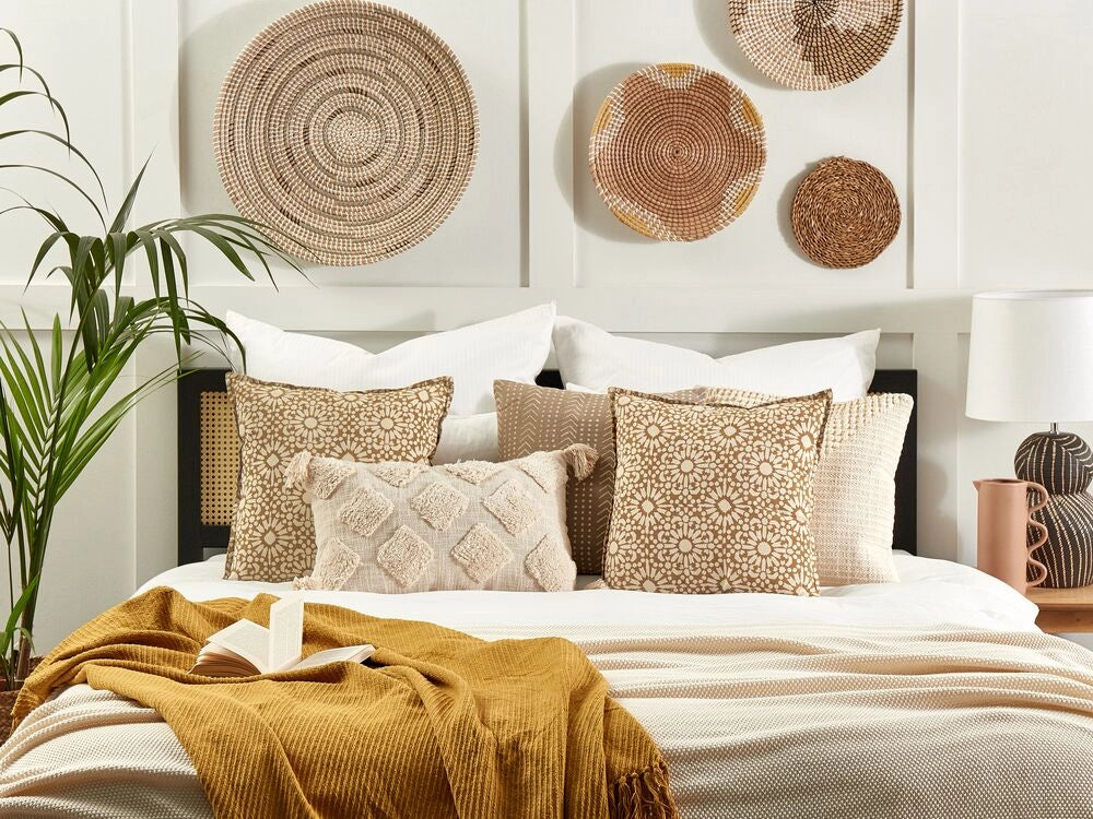 Cuscino decorativo cotone beige 45 x 45 cm motivo geometrico fatto a mano rivestimento sfoderabile con imbottitura boho style