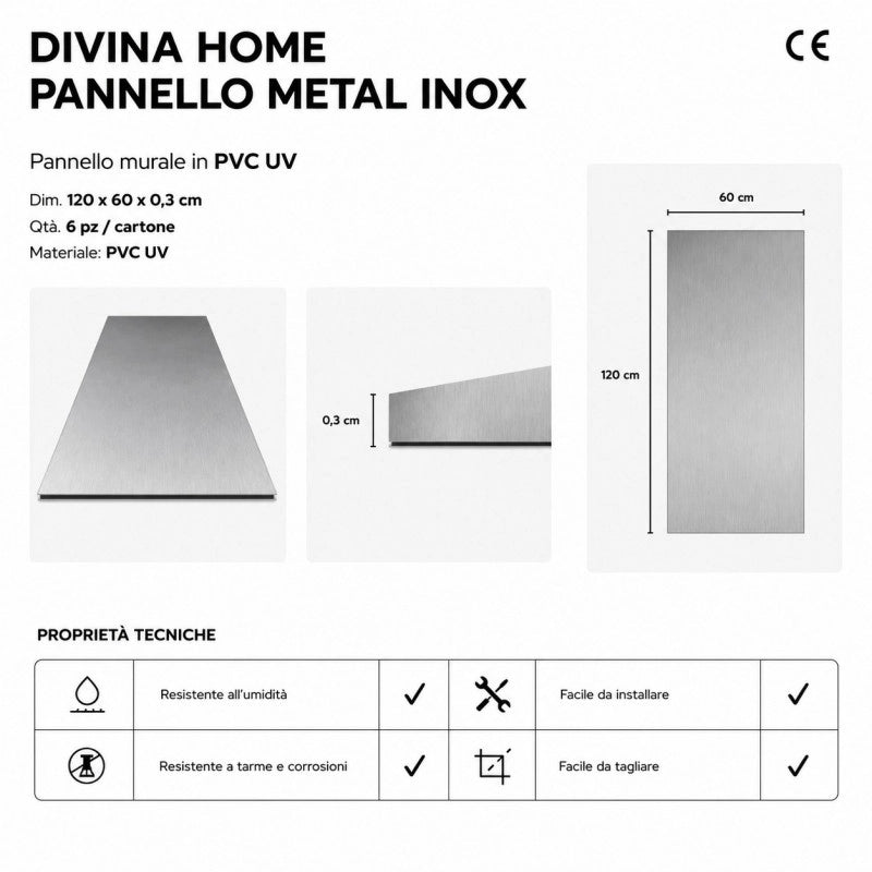 Pannelli decorativi parete effetto acciaio inox, rivestimento murale PVC UV impermeabile 120x60 set 6 pezzi - Divina Home
