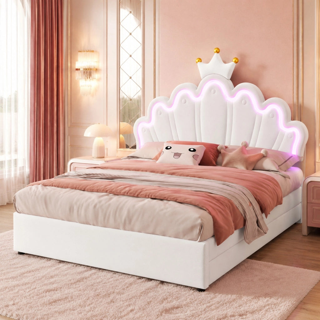 LETTO 140x200 cm in PU Bianco con 2 cassetti e testiera regolabile