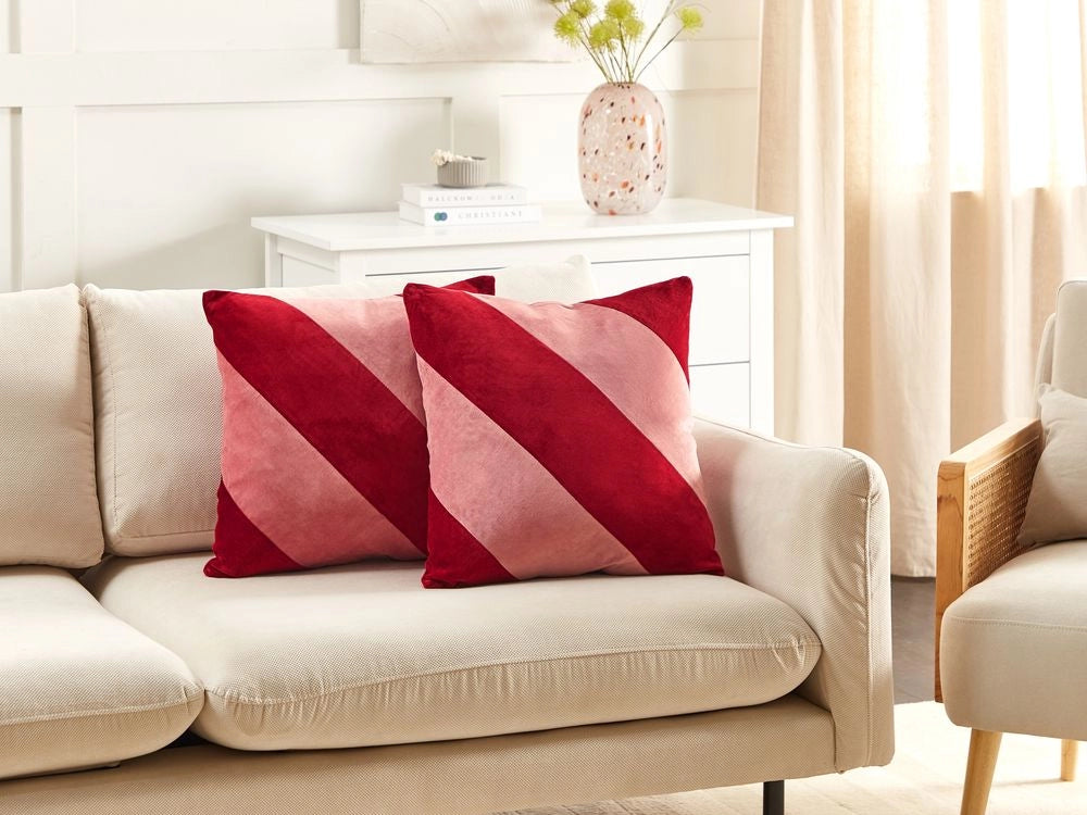 Set di cuscini decorativi in velluto rosso e rosa in cotone 45 x 45 cm a righe sfoderabili Quadrato Accessori decorativi moderni