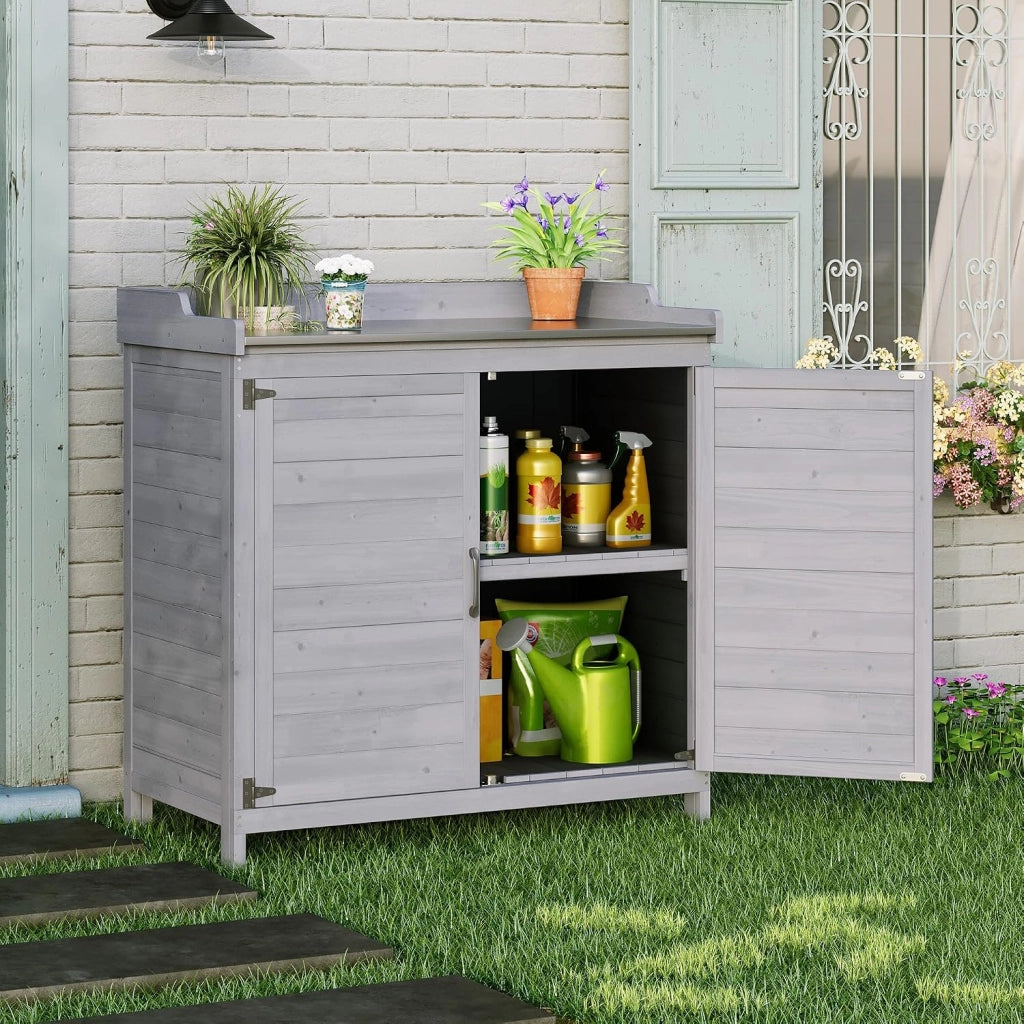 Tavolo da Esterno per Piante, Tavolo da Giardino con Piano di Lavoro Impermeabile, Tavolo da Lavoro in Legno con 1 Ripiano Regolabile, 48x98x95 cm. (Grigio)