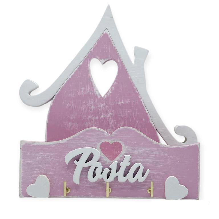Portaposta Portachiavi da Parete in Legno con Cuori Rosa
