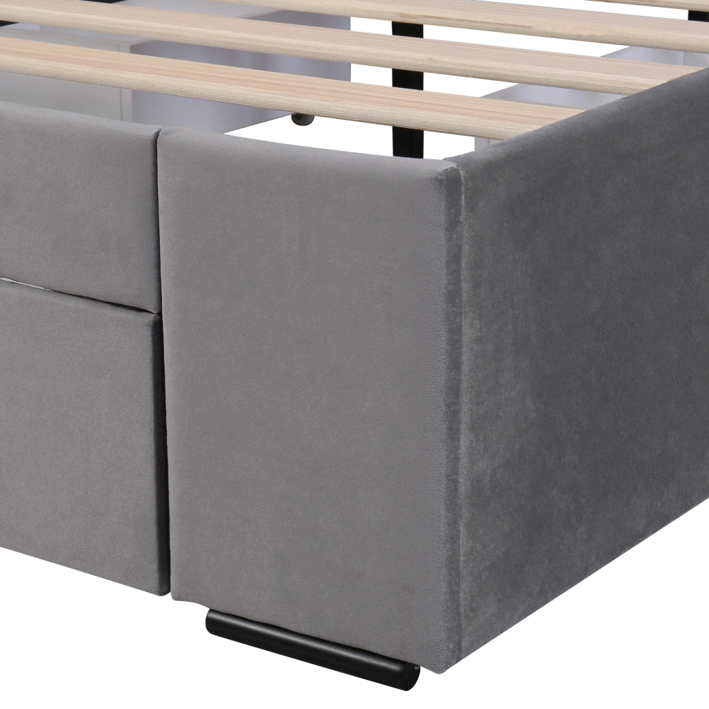 Letto imbottito 140x200 cm in velluto grigio con rete a doghe e 4 cassetti