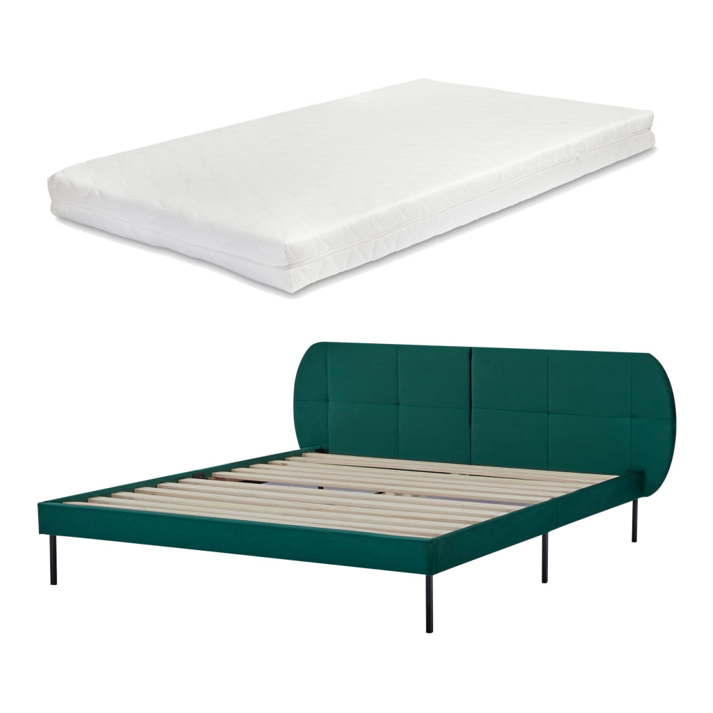 Letto Matrimoniale Porvoo con Testiera e Materasso 160x200 cm Rivestimento in Velluto - Verde Scuro [en.casa]
