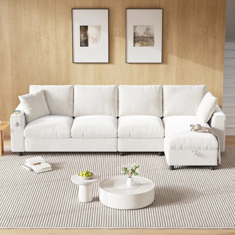Divano angolare contenitore ¨C Minimal ¨C Beige tessuto braccioli con porta bevande USB Type-C