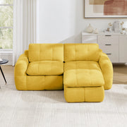 Divano modulare angolare 194x160x68 cm in chenille gialla con pouf; senza montaggio