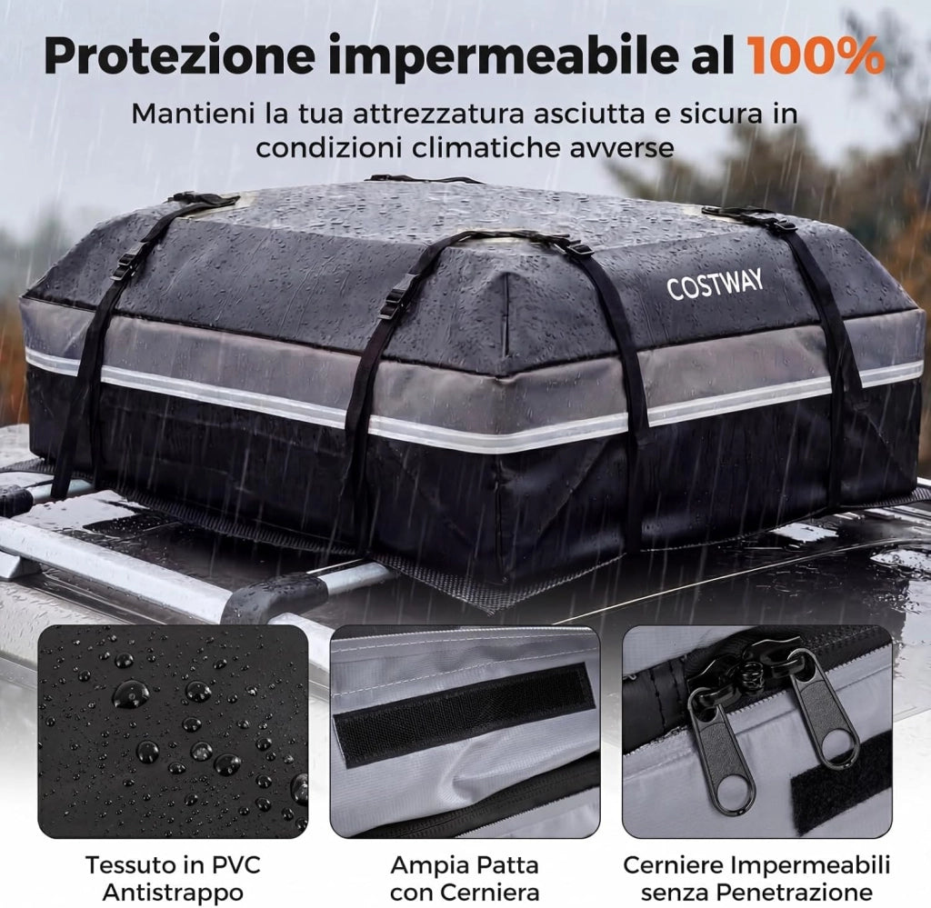 Borsa da Tetto per Auto, Box Portapacchi con Impermeabile e Alta Adattabilità, Baule con Tappetino Antiscivolo, Striscie Riflettenti, Lucchetto e 8 Corde di Fissaggio (450 L,Grigio)