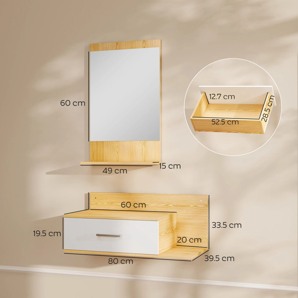 Set da Ingresso con Specchio con Mensola e Mobiletto a Parete con Cassetto e 2 Ripiani Aperti, in Legno e Vetro