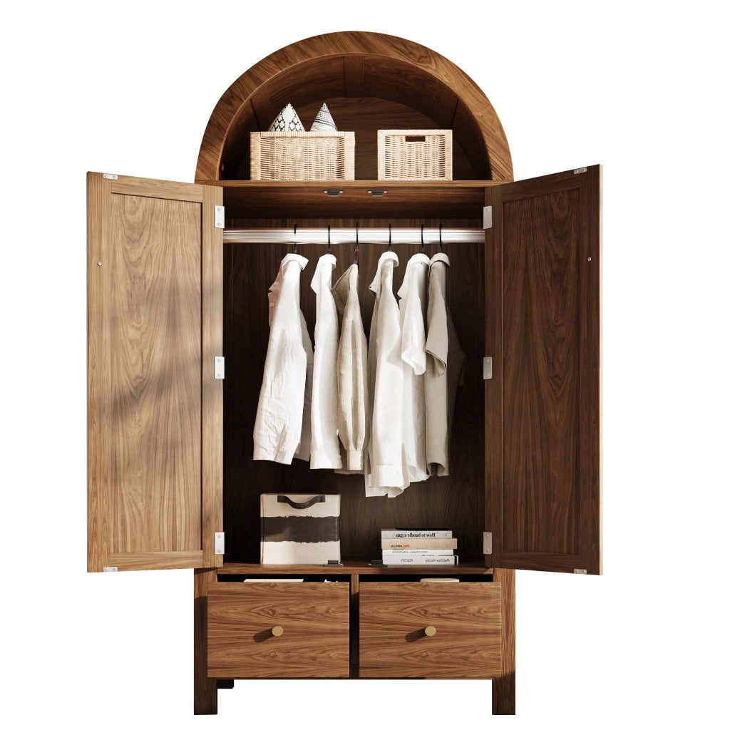 Armadio con 2 ante, 2 cassetti, vano aperto e asta, stile country, per camera da letto, noce, 181 × 78 × 45 cm