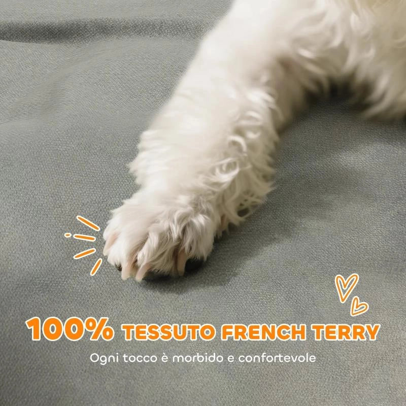DIVANO PER CANI CON BRACCIOLI DI SUPPORTO, IN LEGNO E TESSUTO FRENCH TERRY, 66X42X28.5 CM, GRIGIO