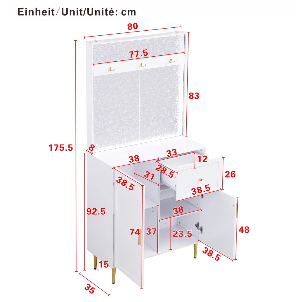 Mobile d'Ingresso con 1 Anta; 1 Cassetto e Ganci; Ripiani Regolabili; Stile Moderno; in MDF; 80??35??175;5 cm; Bianco