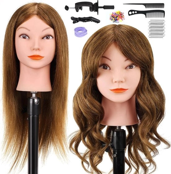 Capelli di allenamento per parrucchieri - 29 pollici testa di allenamento 100% fibra sintetica con morsetto di tavolo e set di acconciatura capelli (castano chiaro)