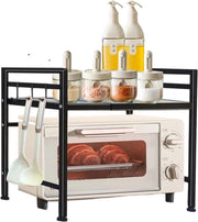 Supporto per Microonde a 2 Livelli, Scaffale per Microonde Espandibile, Scaffale da Cucina con 3 Ganci e 3 Grucce