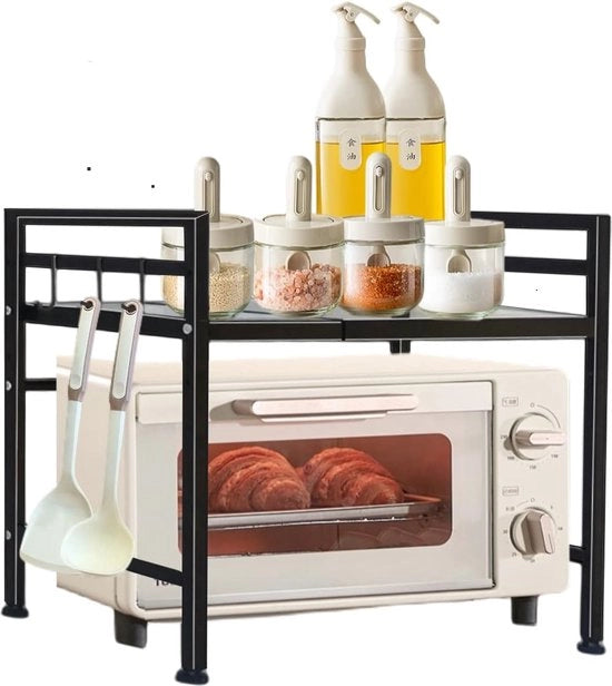 Supporto per Microonde a 2 Livelli, Scaffale per Microonde Espandibile, Scaffale da Cucina con 3 Ganci e 3 Grucce