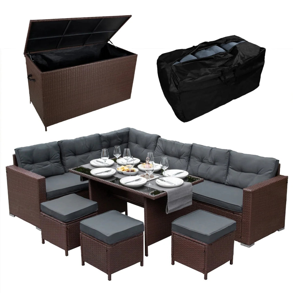 Set d'angolo in rattan e box da giardino Marrone Grande Cuscino Cassapanca 582L Outdoor