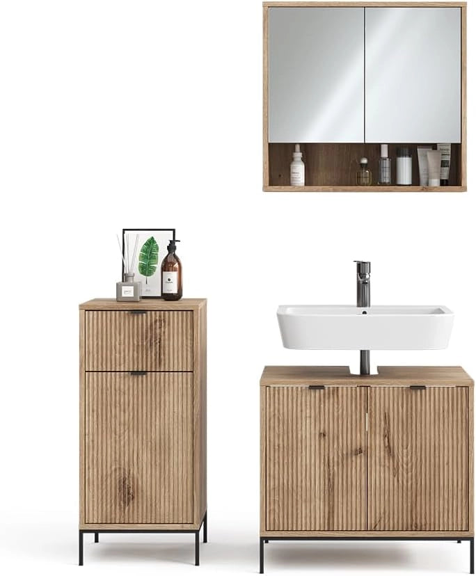 Set di mobili da bagno Eliza, Quercia vichinga, 70 cm, composto da mobile sottolavabo, specchiera e mobile medio