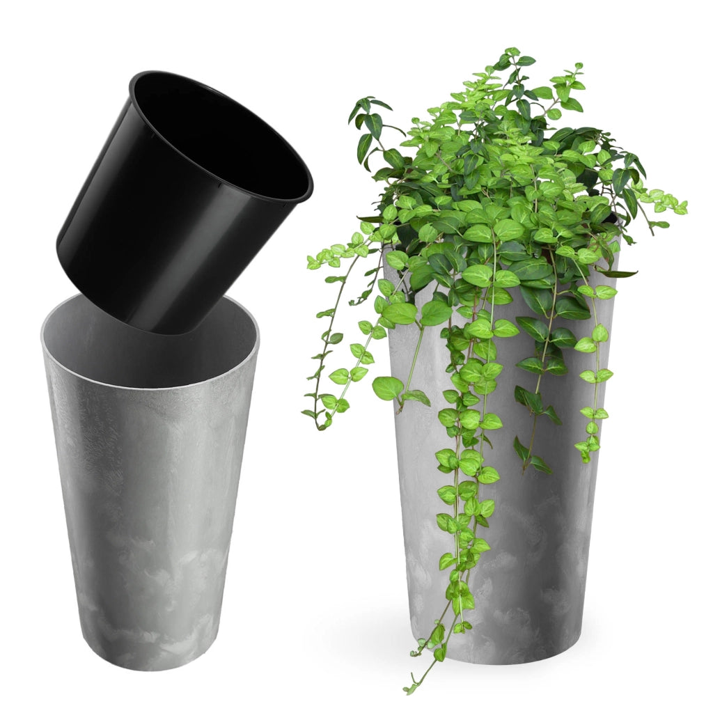 Vaso da fiori KADAX 26 cm con coperchio e inserto, vaso da fiori in plastica grigio