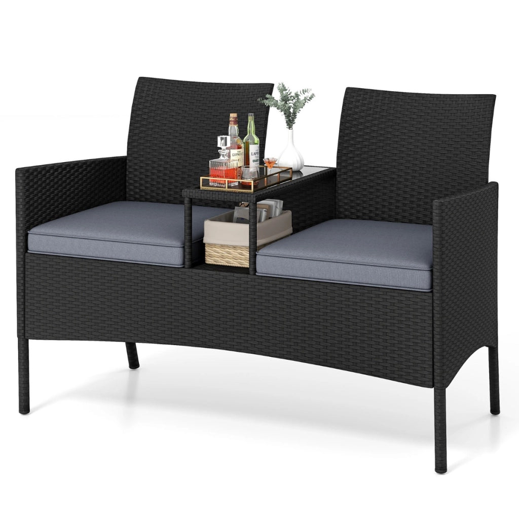 Divano da esterno con tavolino integrato, Mobile in rattan per 2 persone con cuscini e piano in vetro temperato Nero