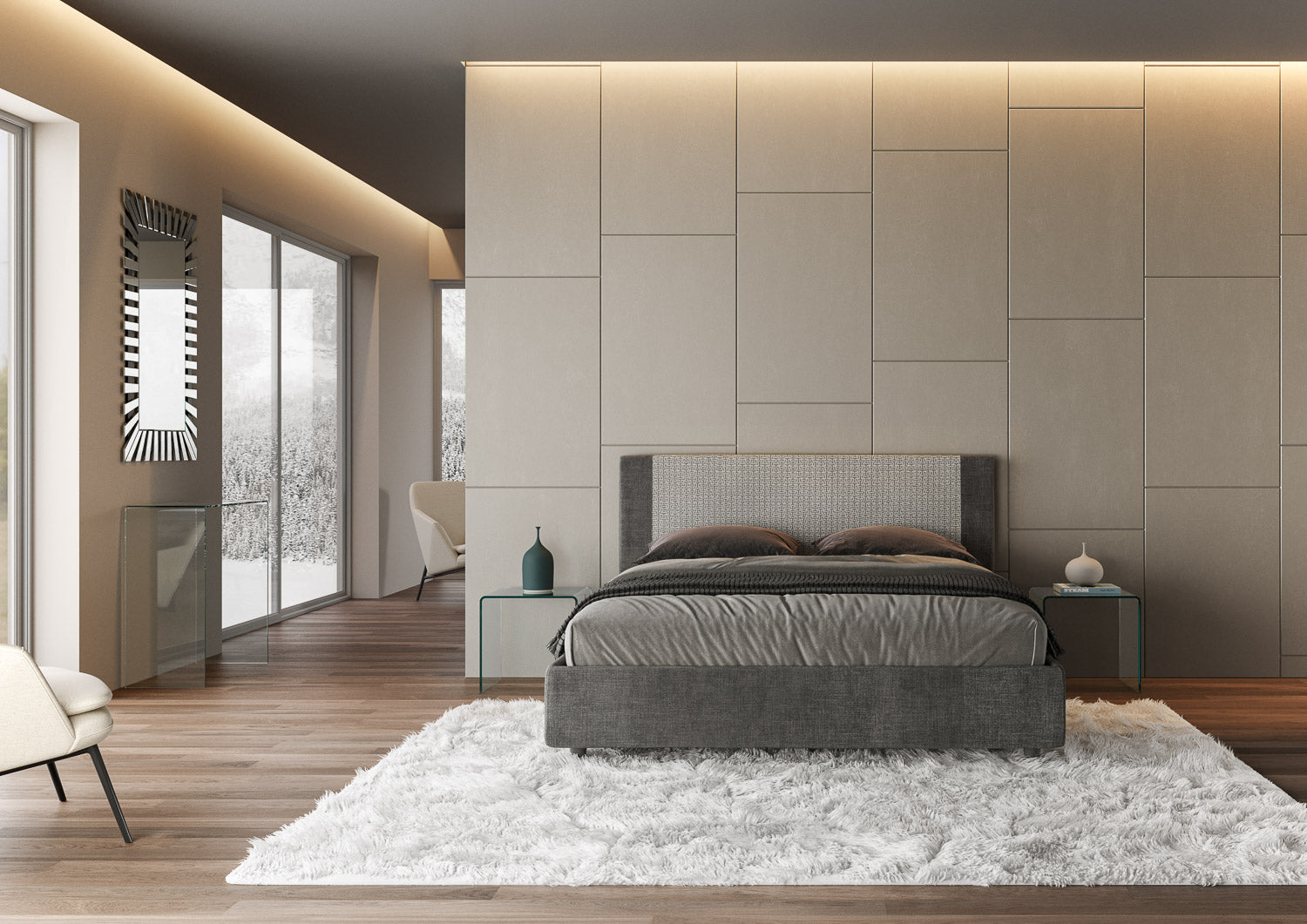 Letto Matrimoniale 160x210 cm con Rete e Contenitore con Testata e Alzata Comoda Imbottito in Tessuto Labirinto Rosal