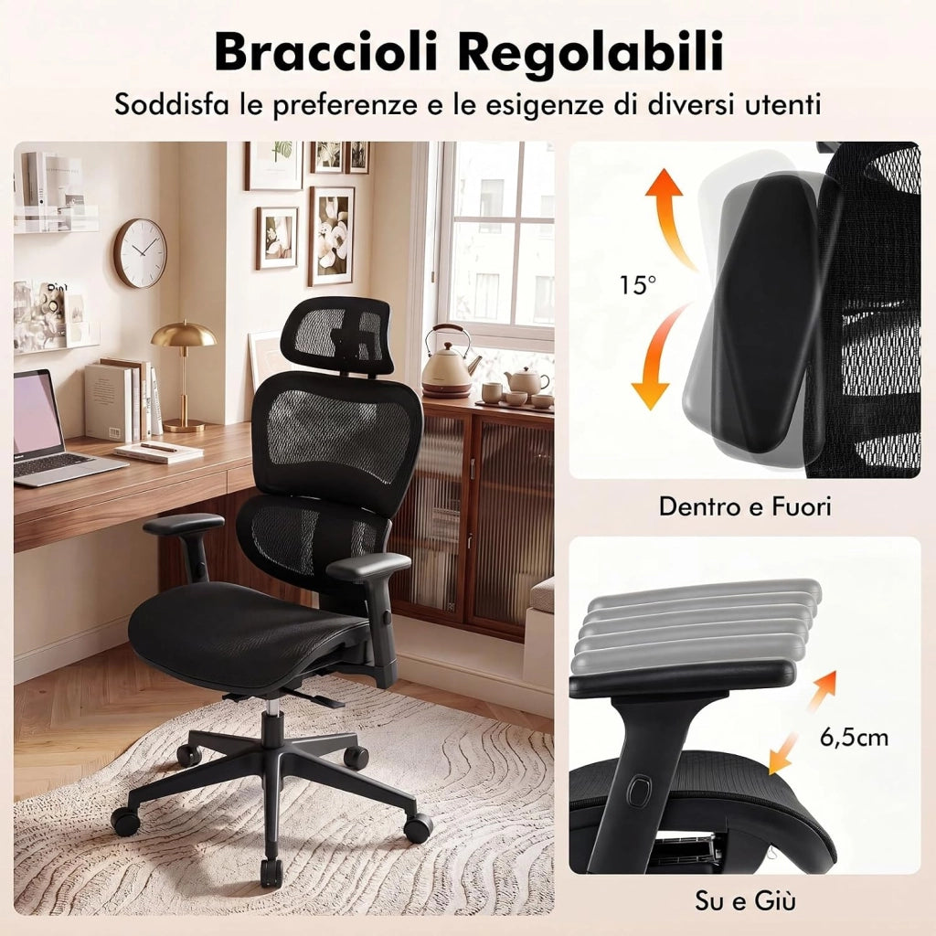 Sedia da Ufficio Ergonomica, Schienale Reclinabile | Poggiatesta Regolabile e Supporto Lombare, Altezza Regolabile, Poltrona con Ruote per Studio, Portata 125 kg