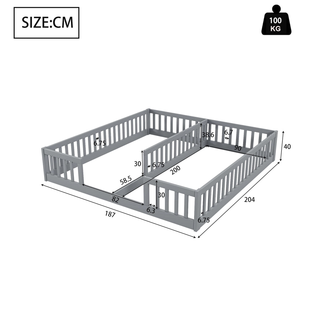 Letto a pavimento per 2 bambini 90 x 200 cm grigio con sponde di sicurezza