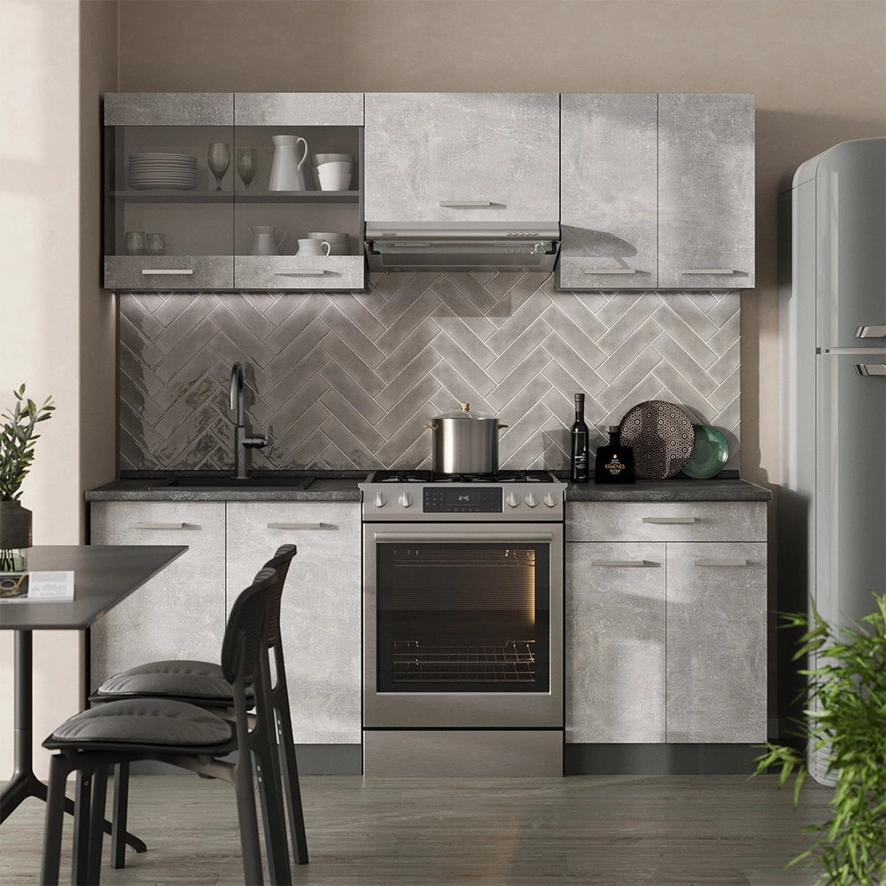 Cucina componibile R-Line Calcestruzzo/Antracite 200 cm senza piano di lavoro Vicco