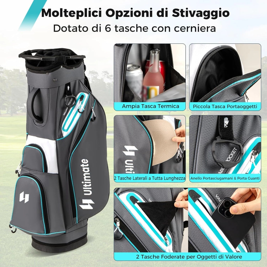 Borsa da Golf per Carrello con 14 Scomparti, Organizzatore Portatile per Mazze da Golf con Tasca Frigo, Tracolla Regolabile, Cappuccio Antipioggia e Porta Ombrello per Uomo e Donna