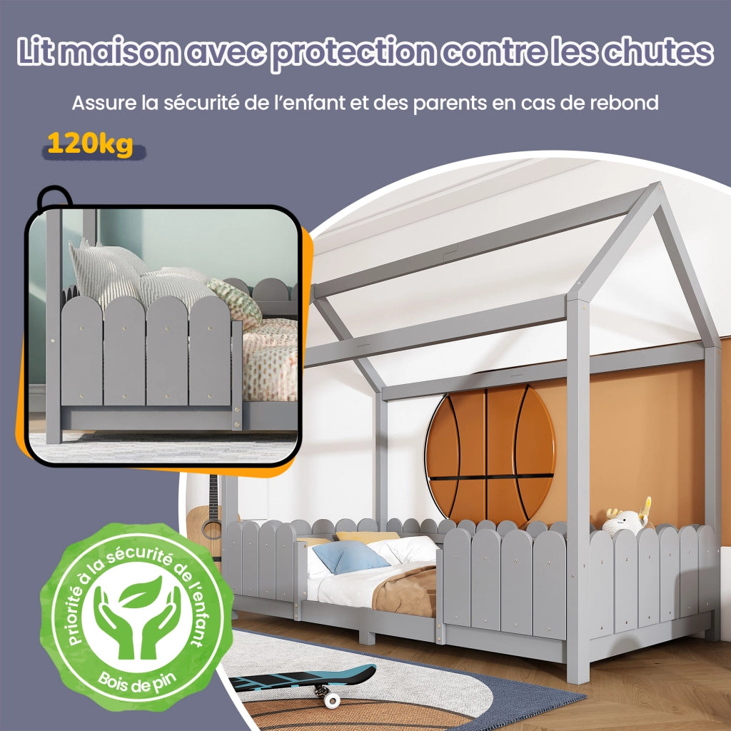 Letto Casetta 90 x 200 cm; Letto Singolo con Sponda e Rete a Doghe - in Legno - Grigio